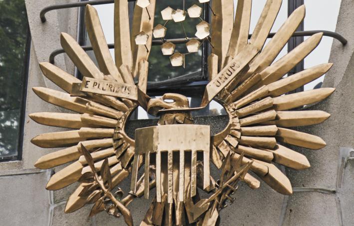 Metal sculpture of the US National Eagle outside the US Embassy in the Ballsbridge area of Dublin