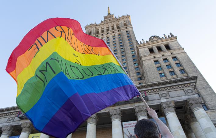 LGBTQ Pride event in front of the Palace of Culture and Science, Warsaw, Poland