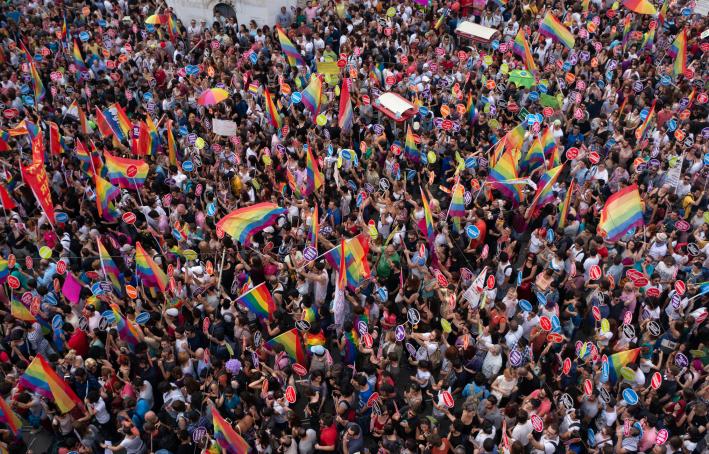 People in Taksim Square for LGBT pride parade in Istanbul, Turkey