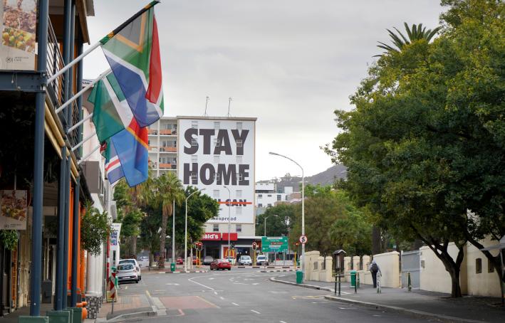 Empty streets and a stay home sign in Cape Town during the Coronavirus lockdown