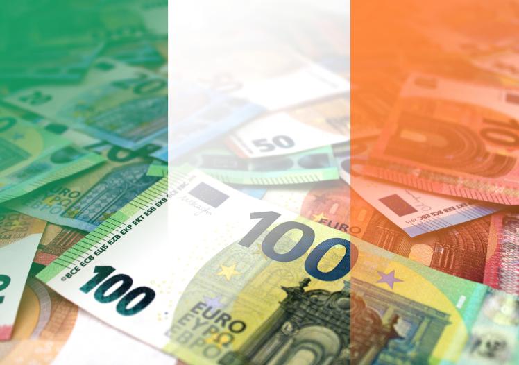 Euro banknotes colored in the colors of the flag of Ireland