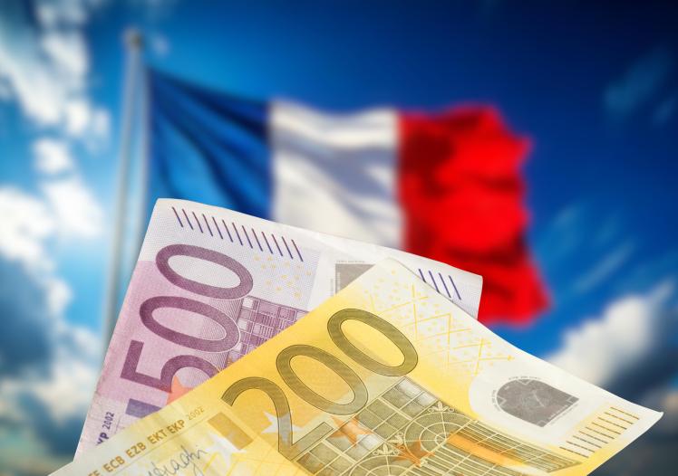 Flags of France and money Euro banknotes 