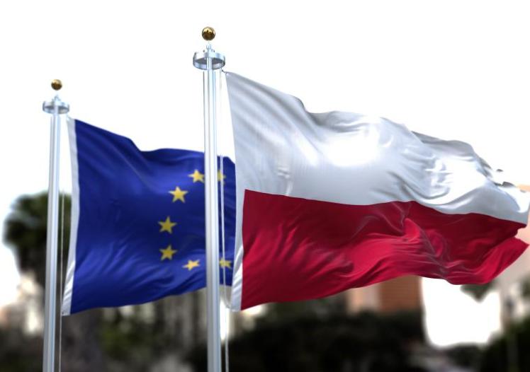 The flags of Poland and the European Union