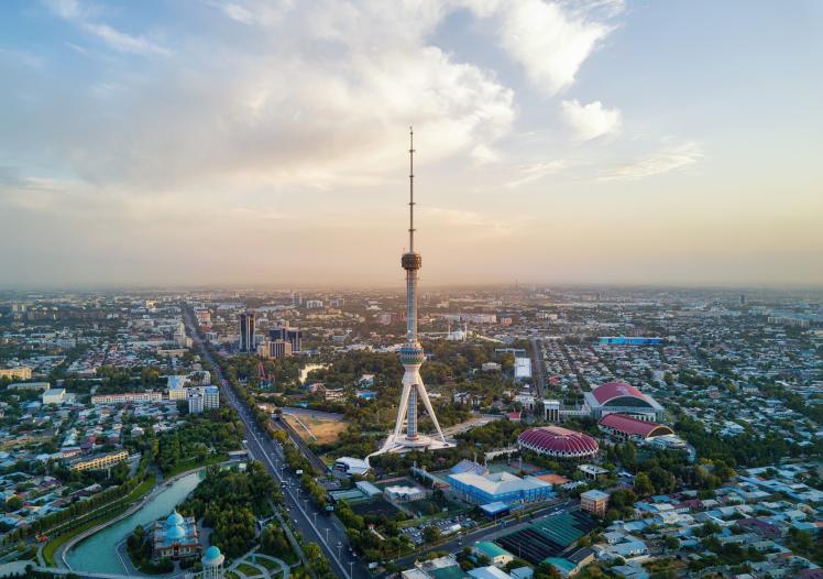Tashkent TV Tower Aerial Shot During Sunset in Uzbekistan stock photo