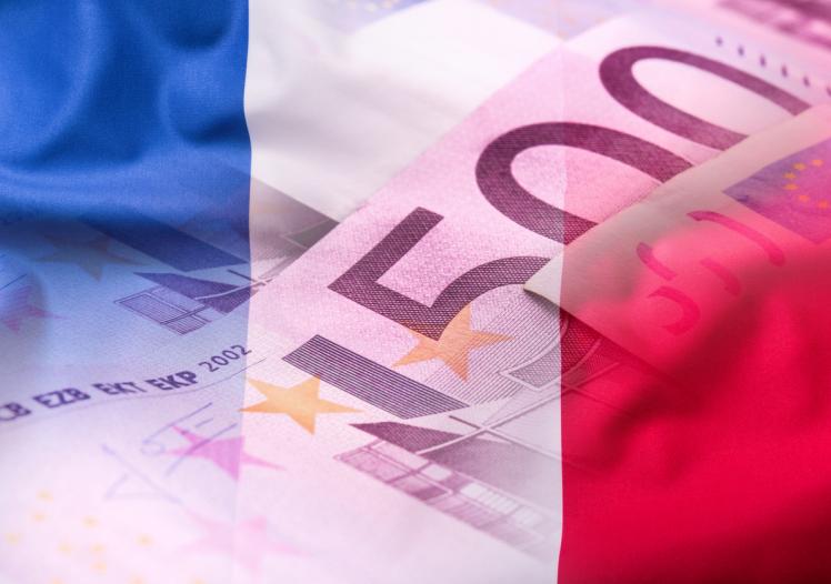Flags of the France and euro banknotes 