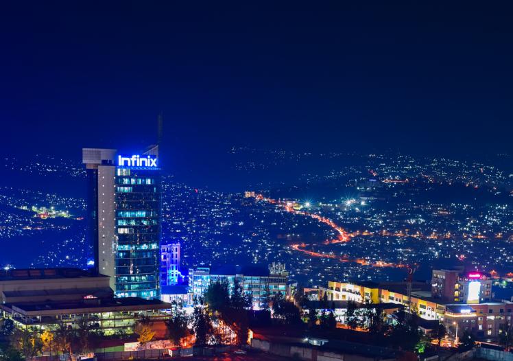 Night shot of Kigali City Tower in the town centre stock photo
