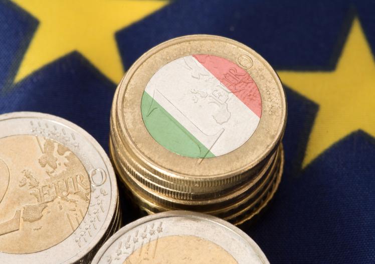 Flag of Italy and European Union EU and Euro coins