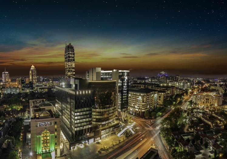Sandton city johannesburg at night in Gauteng South Africa stock photo