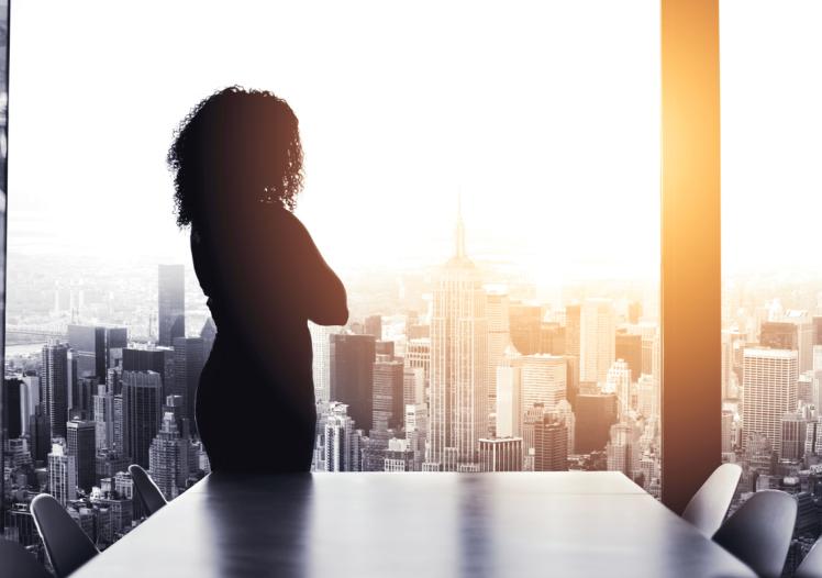 Silhouetted shot of a young businesswoman looking at a cityscape