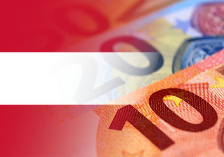 Euro banknotes colored in the colors of the flag of Austria