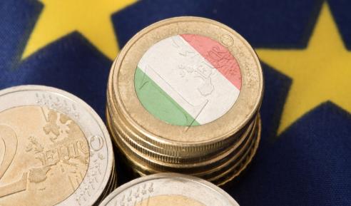 Flag of Italy and European Union EU and Euro coins