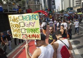 Pride Parade in Sao Paulo themed All the people together against Transphobia