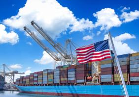 International container cargo and freight ships docked in Seattle port terminals