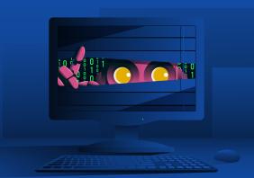 Robot peeping from computer monitor 