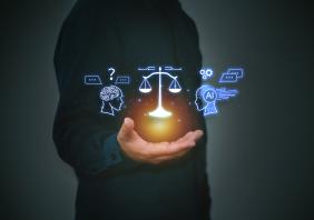 AI law or AI ethics, concepts in AI law, standards, business policy, responsibility for errors in technology algorithms. and having laws to control stock photo