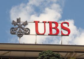 Swiss bank UBS logo on Zurich headquarters 