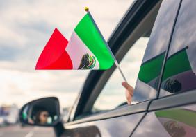 Woman Holding Mexican Flag from the open car window
