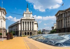 The Largo building, former headquarters of Communist party, now used as by National Assembly, Sofia, Bulgaria stock photo