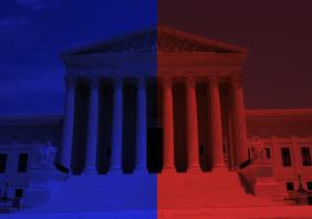 US Supreme Court in Washington DC with divided red and blue 