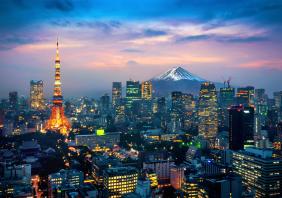 Aerial view of Tokyo cityscape with Fuji mountain in Japan. stock photo