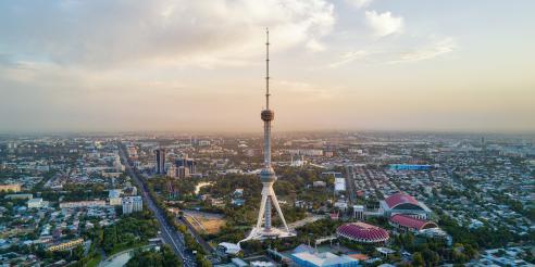 Tashkent TV Tower Aerial Shot During Sunset in Uzbekistan stock photo