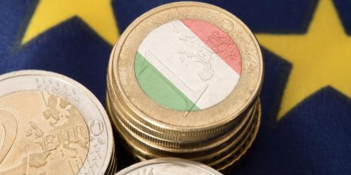 Flag of Italy and European Union EU and Euro coins