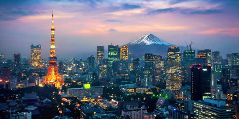 Aerial view of Tokyo cityscape with Fuji mountain in Japan. stock photo