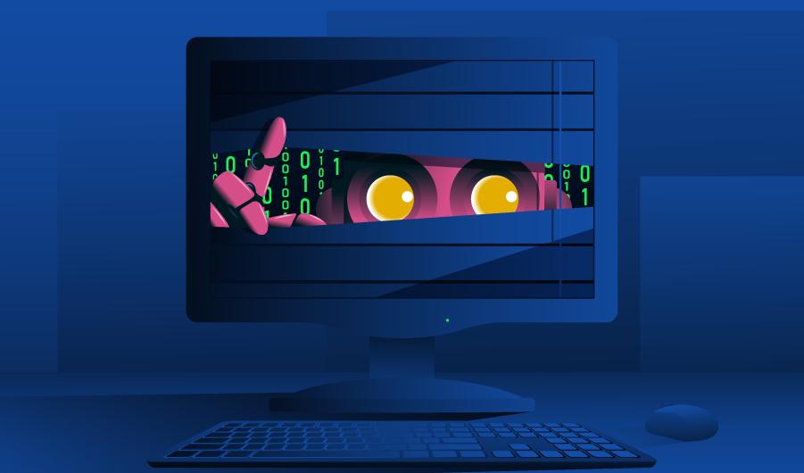 Robot peeping from computer monitor 