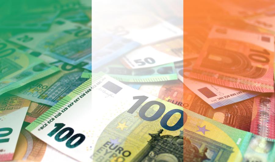 Euro banknotes colored in the colors of the flag of Ireland