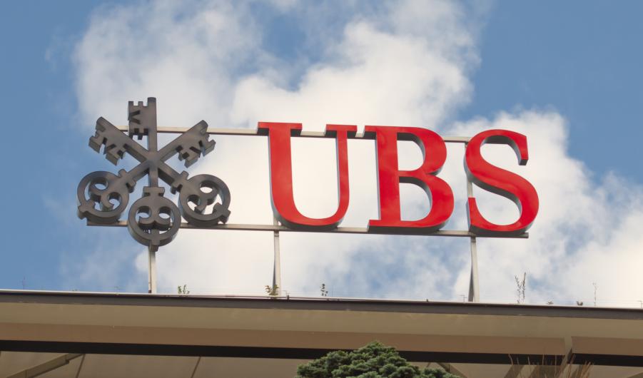 Swiss bank UBS logo on Zurich headquarters 