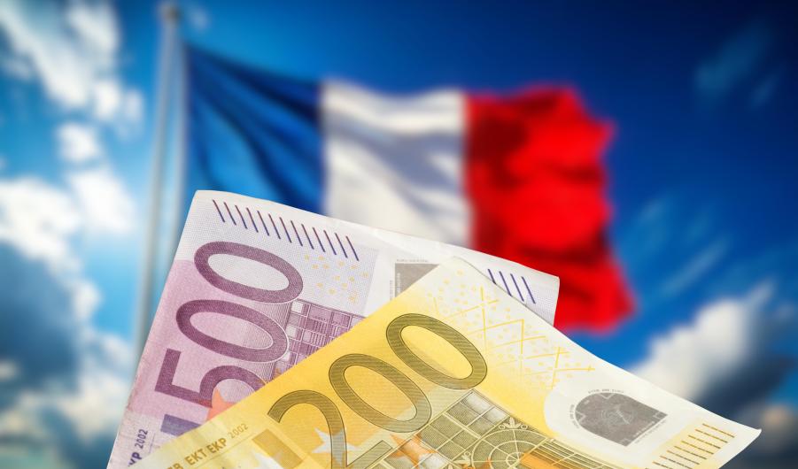 Flags of France and money Euro banknotes 