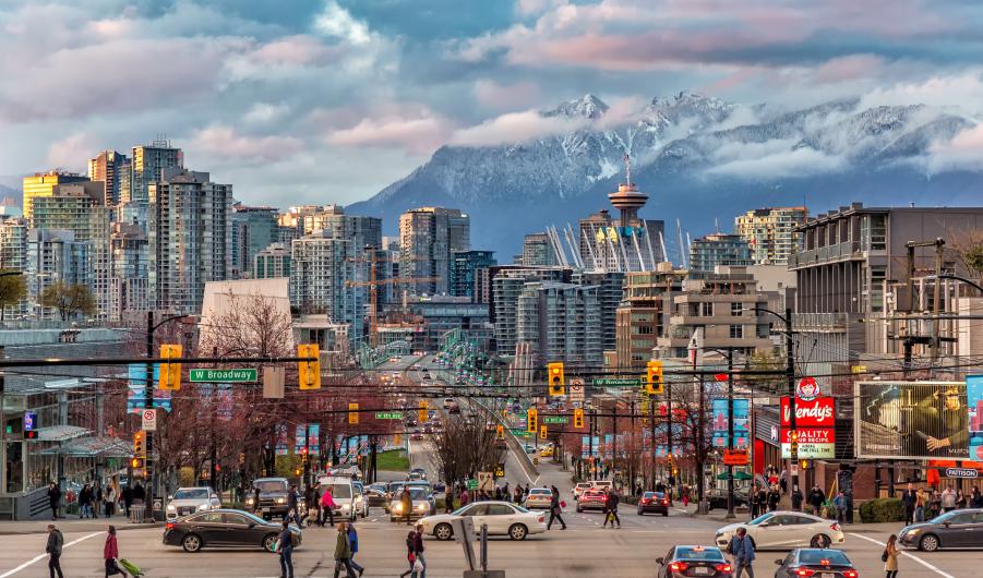 Shot of Vancouver skyline with mountains in the back