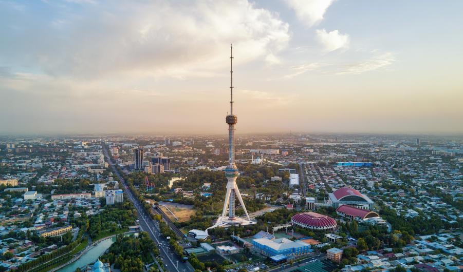 Tashkent TV Tower Aerial Shot During Sunset in Uzbekistan stock photo