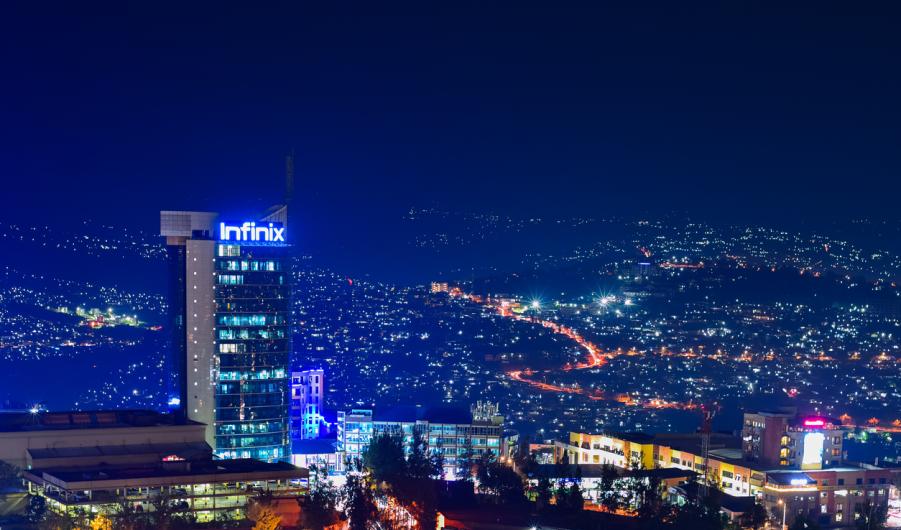 Night shot of Kigali City Tower in the town centre stock photo