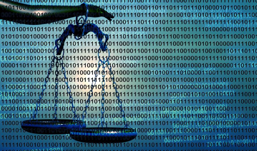 Binary code and scales of justice