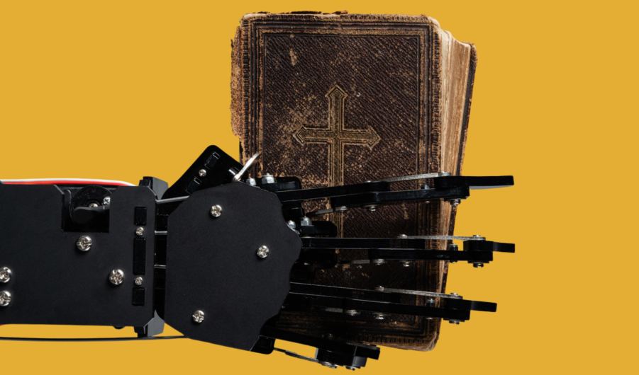 Robot's hand with ancient Bible