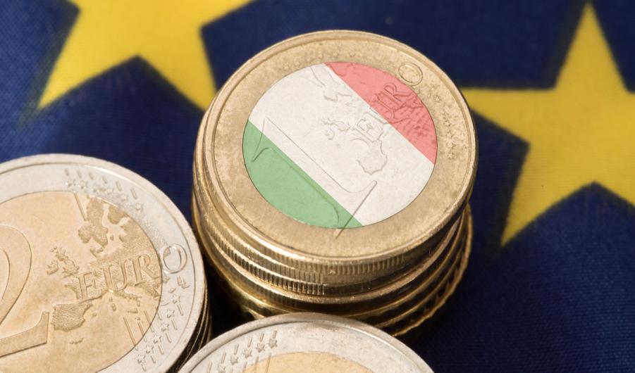 Flag of Italy and European Union EU and Euro coins