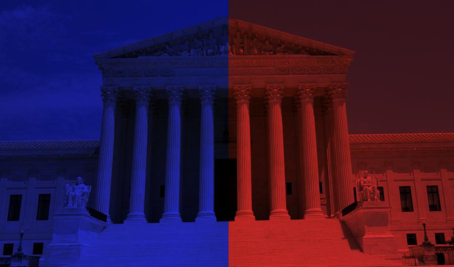 US Supreme Court in Washington DC with divided red and blue 