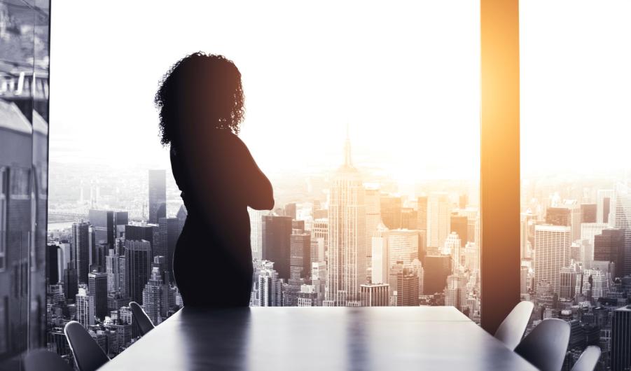 Silhouetted shot of a young businesswoman looking at a cityscape