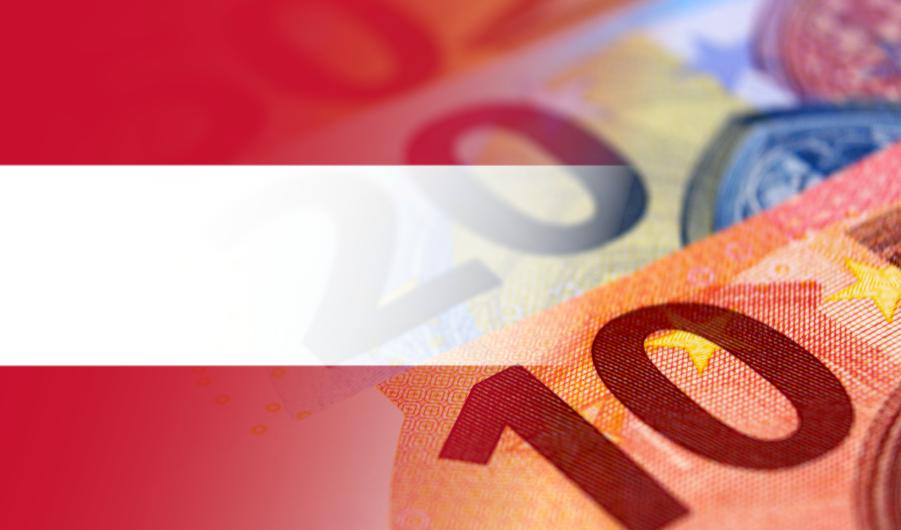 Euro banknotes colored in the colors of the flag of Austria